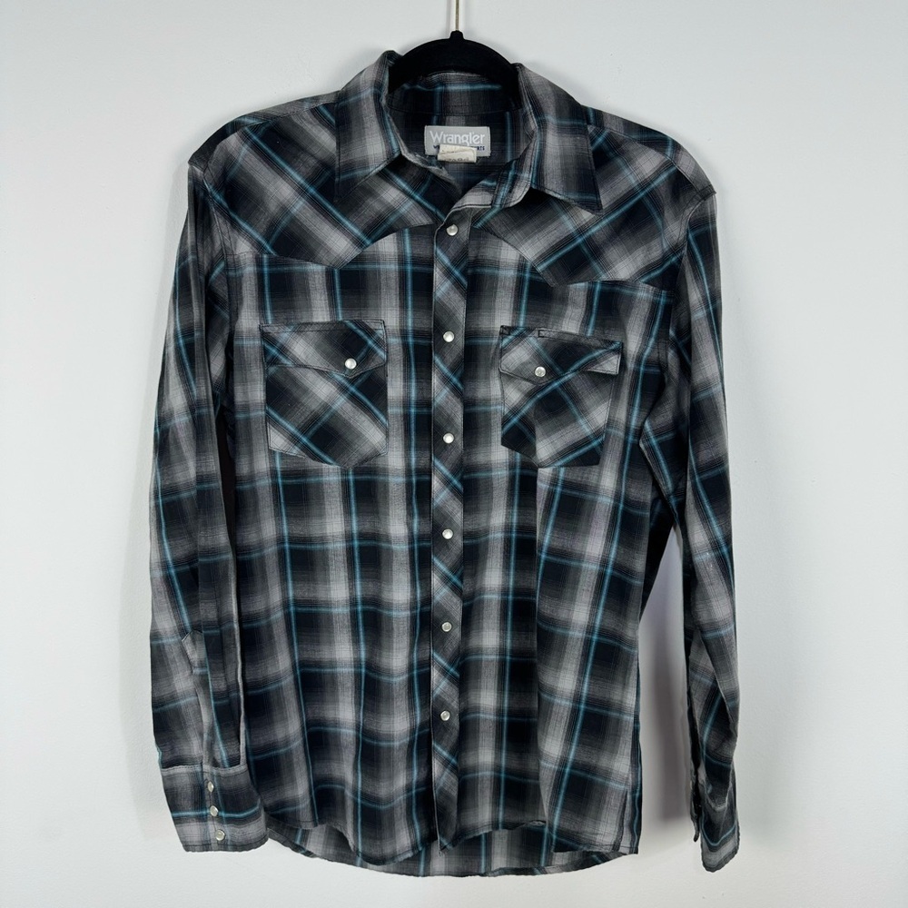 Wrangler Pearl Snap Blue Black Plaid Long Sleeve Button Down Western Rodeo Top